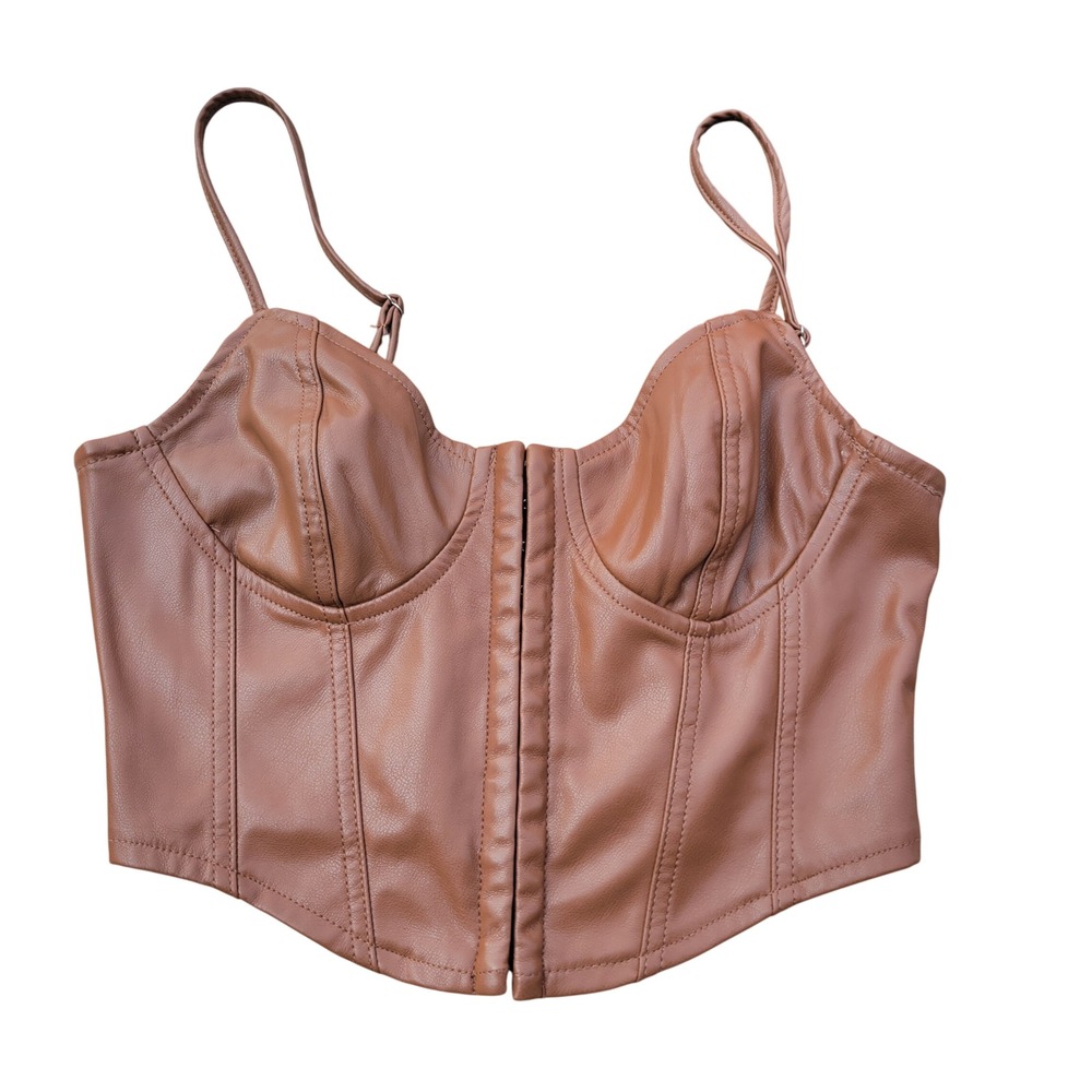 Iris Cognac Faux Leather Corset Top Brown Bustier Hook Eye Cropped Camisole M
